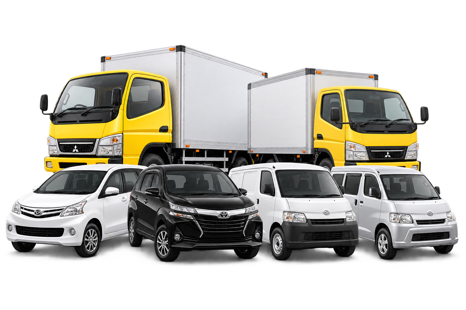 Gabungan ilustrasi armada Truk Box CDD dan CDE, Gran Max, Toyota Avanza dan Daihatsu Xenia